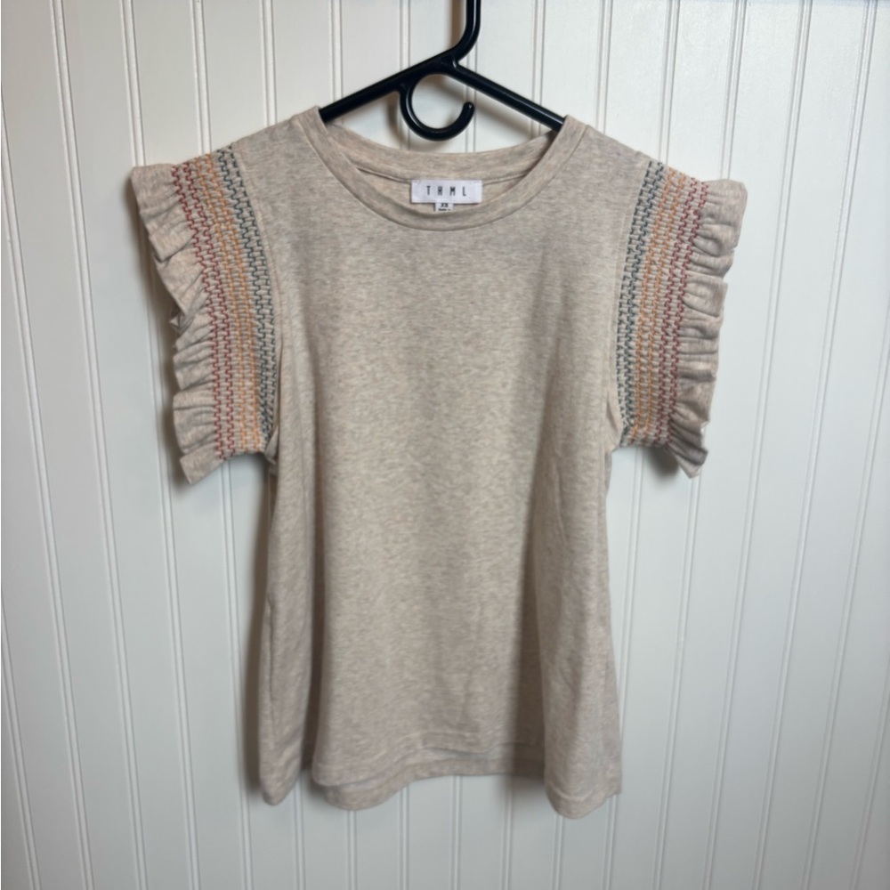 Neutral Ruffle Sleeve Tee with Embroidered Detail